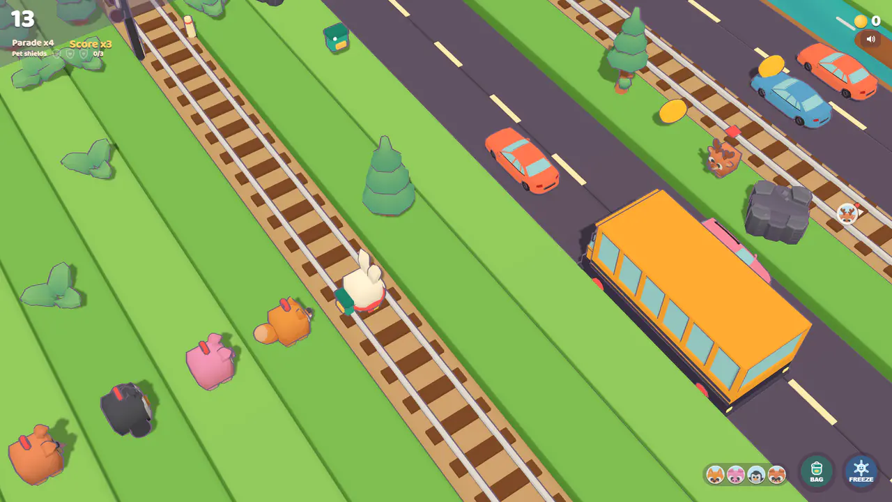 Hoppyが街の道路で車のあいだを跳んでいる