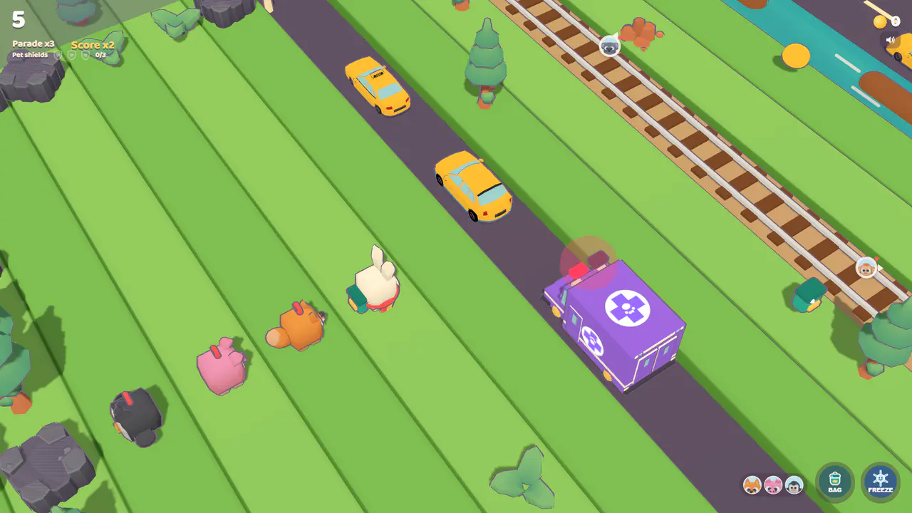 Hoppyがペットの行列を連れて道路を渡り、救助バンへ向かっている
