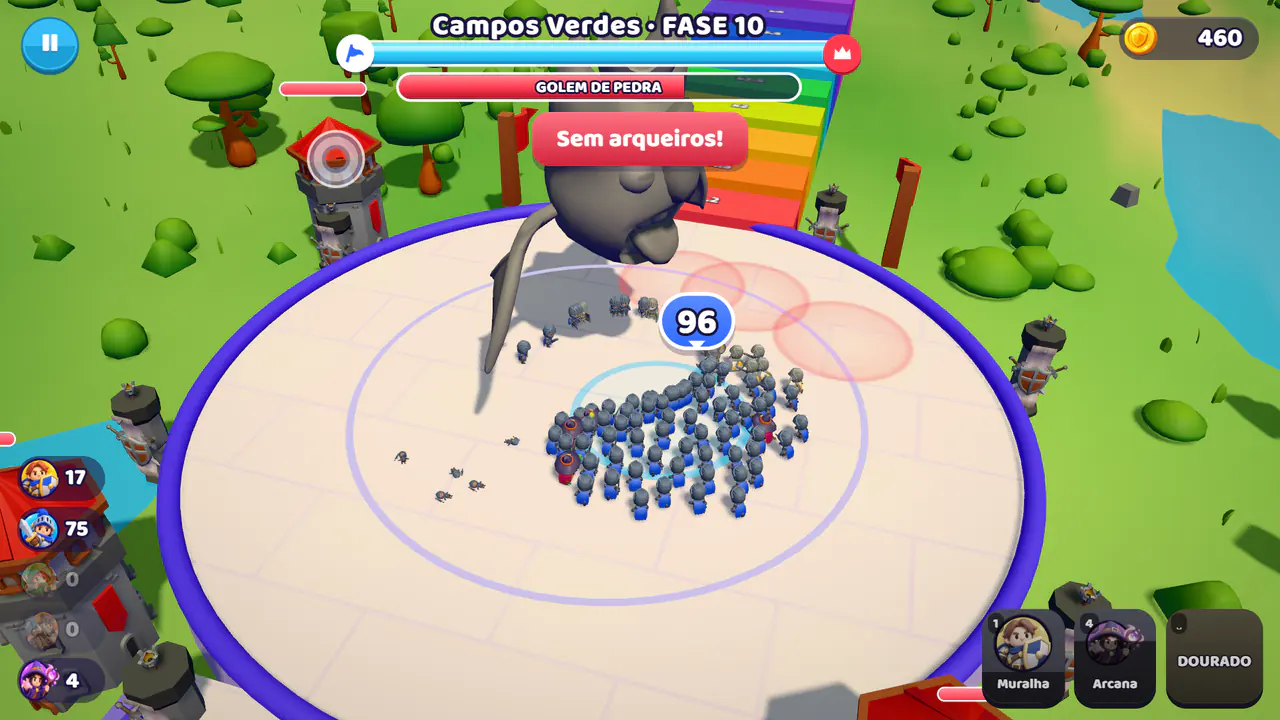 A legião enfrenta o Golem de Pedra na arena dos Campos Verdes