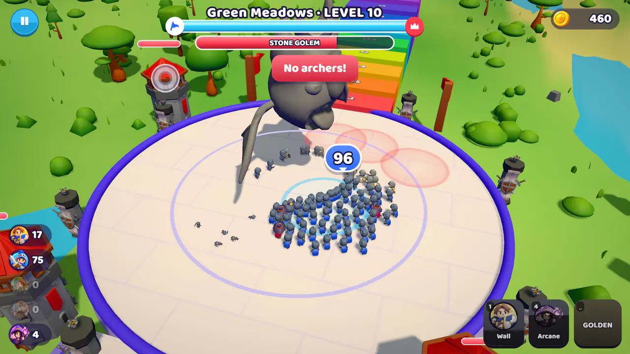 The legion faces the Stone Golem in the Green Meadows arena