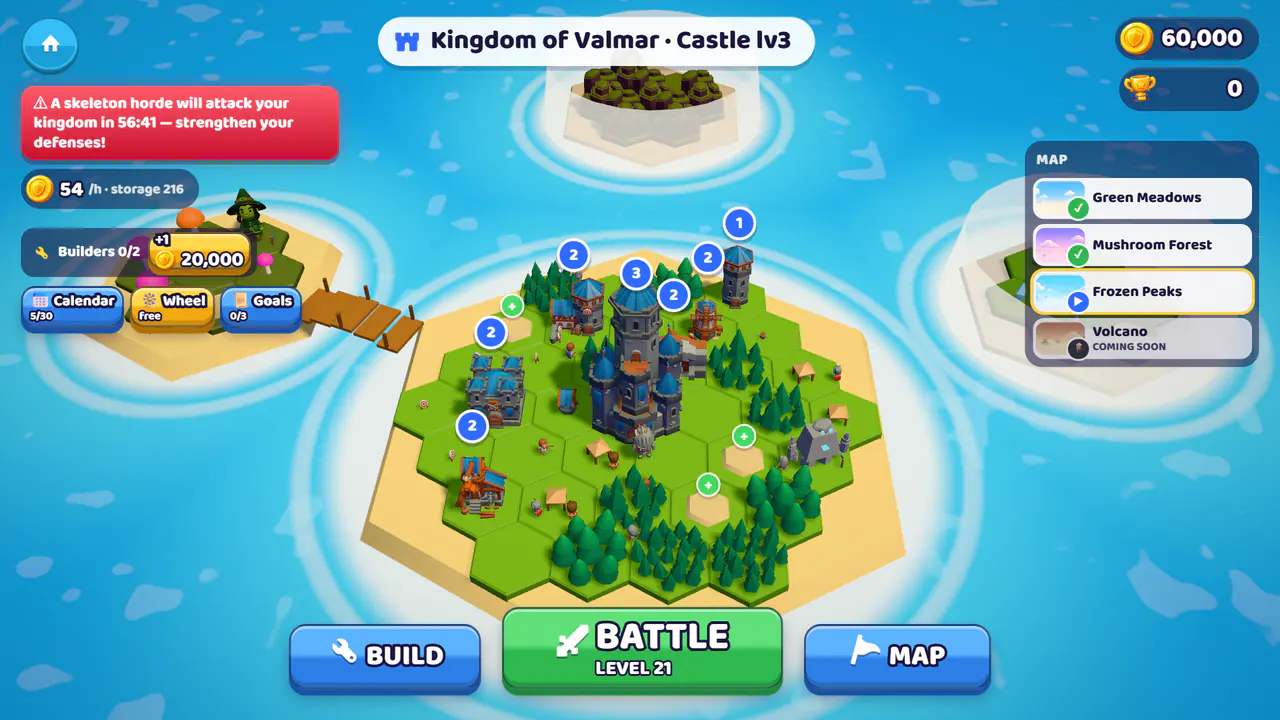The island kingdom: the castle in the center and conquered islands linked by bridges