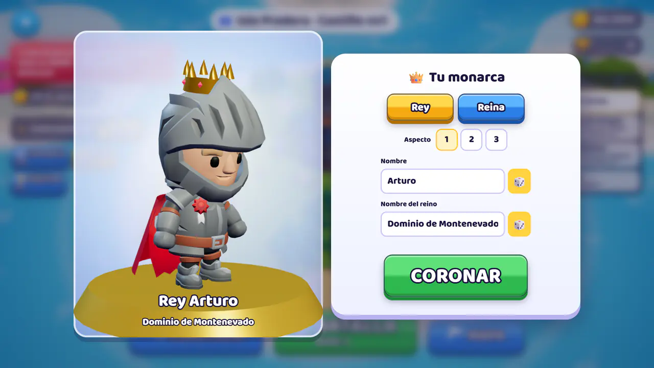 Creación del monarca: rey o reina, nombre y apariencia
