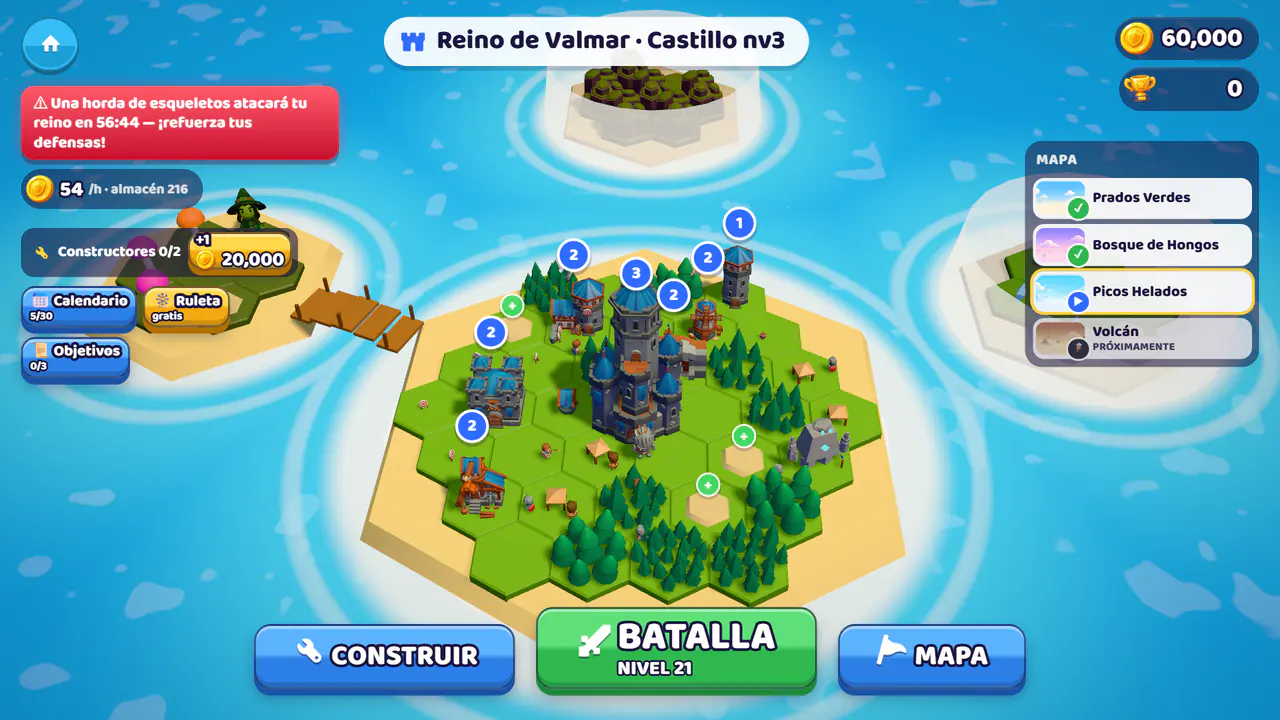 El reino de islas: castillo en el centro y las islas conquistadas unidas por puentes