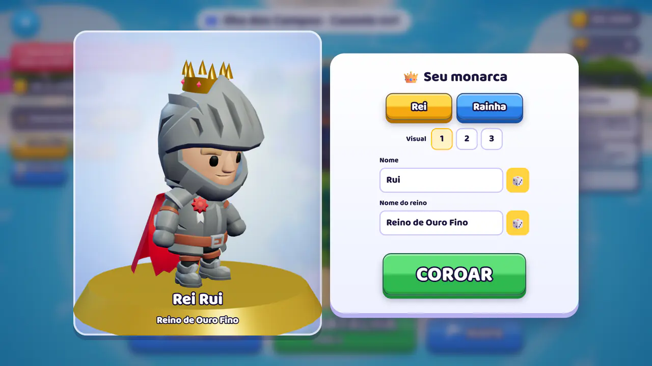 Criação do monarca: rei ou rainha, nome e visual
