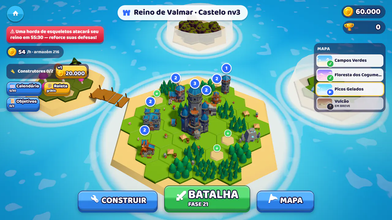 O reino em ilhas: castelo no centro e as ilhas conquistadas ligadas por pontes